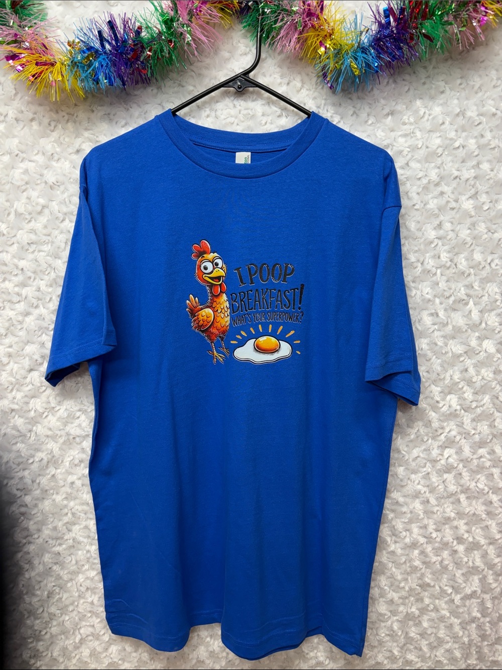 Men's Large Blue Graphic Short-Sleeve Tee — Playful Chicken Design